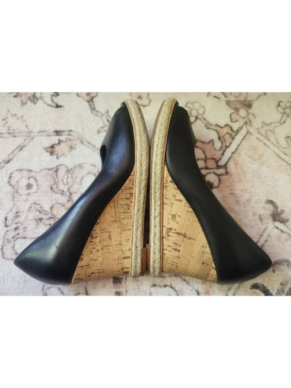 Cole Haan Women's Sz. 7.5 Black Leather Peep Toe Wedge Sandals - Picture 5 of 7